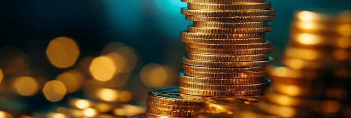 A close-up view of a stack of gleaming gold coins, symbolizing wealth, prosperity, success, and financial abundance.