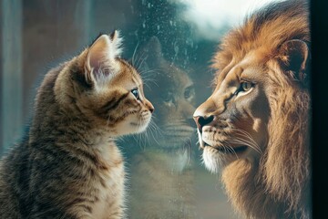 A cute kitten looking in the mirror and seeing an elegant lion reflection