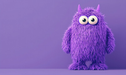 fluffy purple monster with large eyes and horns, standing against purple background, exuding playful