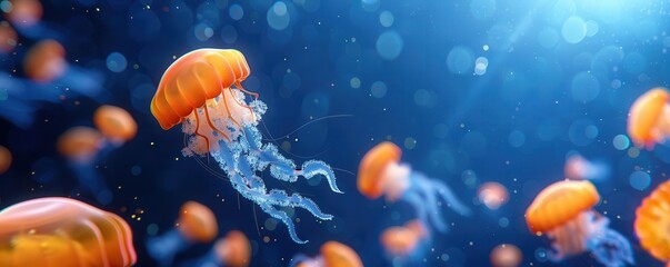 Close-up of an orange jellyfish swimming in blue water.