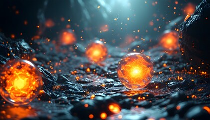 Mystical abstract energy sphere radiating orange glow with bright particles and sparks in a dark, enchanting setting