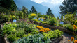© aun - A vibrant Himalayan medicinal herb garden with various plants, including their labels, in a mountainous setting