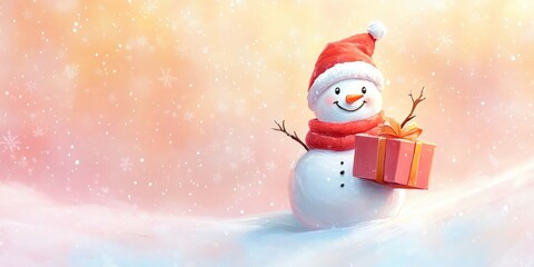 A cute snowman wearing a red hat and scarf, holding a gift box in its hand