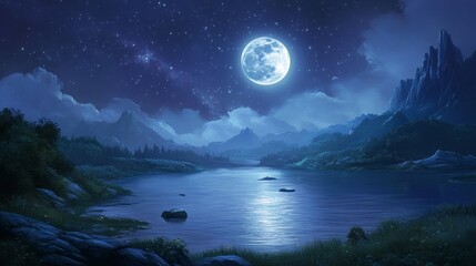 A serene night scene with a full moon illuminating a calm lake and majestic mountains