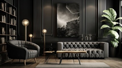 Dark living room interior with luxury gray sofa.