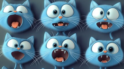 Six blue cartoon cats with different expressions.