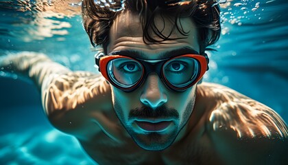 determined swimmer with goggles navigating clear blue waters, engaging with the camera underwater