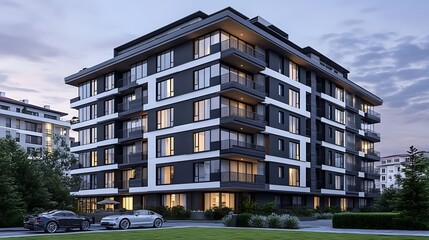 Wall Mural - A modern apartment building with a black and white facade, illuminated by warm lights at dusk.