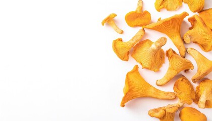 Wild Golden yellow edible chanterelle mushrooms fungus in the genera Cantharellus. emit a fruity aroma and often have a mildly peppery taste or flavor.  Isolated on white background