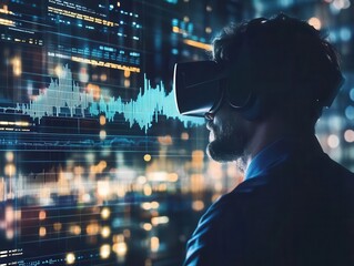 Wall Mural - holographic data visualization of rising stock market trends businessman analyzing in vr