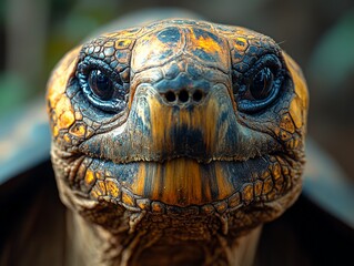 Detailed close-up of a turtle showcasing its rugged shell pattern and expressive eyes. Captured beautifully with a focused depth of field highlighting its natural features.