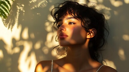 Serene young woman in sunlight with shadow patterns