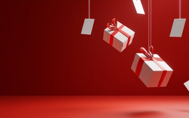 A festive scene featuring suspended gift boxes with red ribbons against a vibrant red background, perfect for holiday themes.