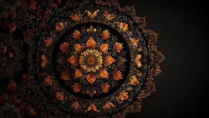 Wall Mural - Digital mandala with floral patterns on a black background.