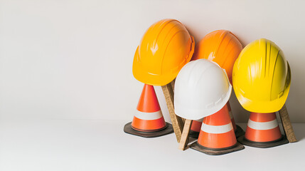 Under construction sign with traffic cones and hard hats on white background