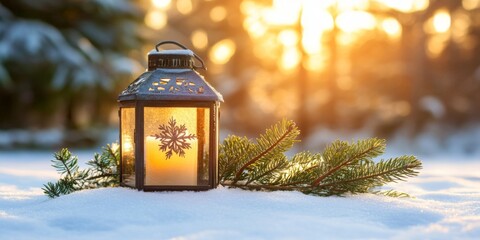 Christmas Lantern On Snow With Fir Branch in the Sunlight. Winter Decoration Background