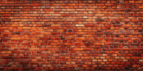 Wide red shabby brick wall texture with old masonry, dark rough brickwork panoramic background