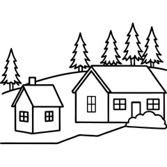 Wall Mural - A small village scene with simple house outlines, trees, and snow-covered rooftop vector