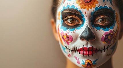 A close up portrait of a Mexican woman’s face adorned with colorful Dia de los Muertos face paint, against a soft beige background