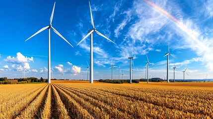 Wall Mural - A rainbow arches over wind turbines standing in a field, merging nature and energy.