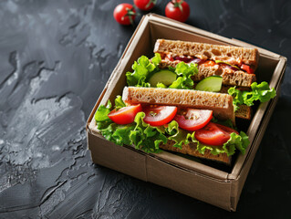 School lunch box with sandwich and fruits on dark background. Concept for fast food or healthy eating.