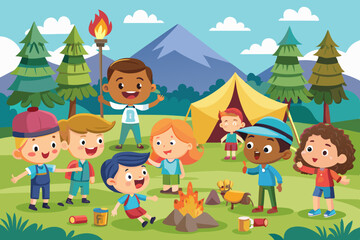 Wall Mural - A vector illustration of kids playing during summer camp