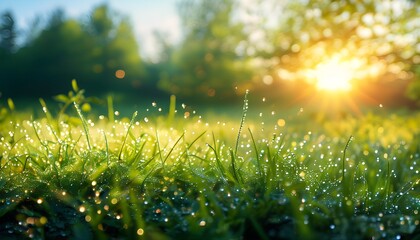 Vibrant spring morning with dew-kissed grass, green foliage, and sunlit skies in a serene forest landscape