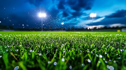 Dew drops glisten on grass under the glow of stadium lights on a cool night.