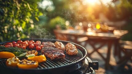 Poster - Delicious Grilled Meat  Peppers  and Tomatoes on a Barbecue Grill