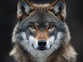  This close-up image showcases the face of a wolf, highlighting its detailed fur texture and intense gaze, capturing the wild beauty of this majestic animal.