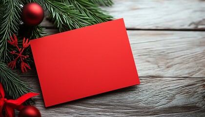 A festive red card placed on a rustic wooden surface, surrounded by evergreen branches and Christmas ornaments, perfect for the holidays.