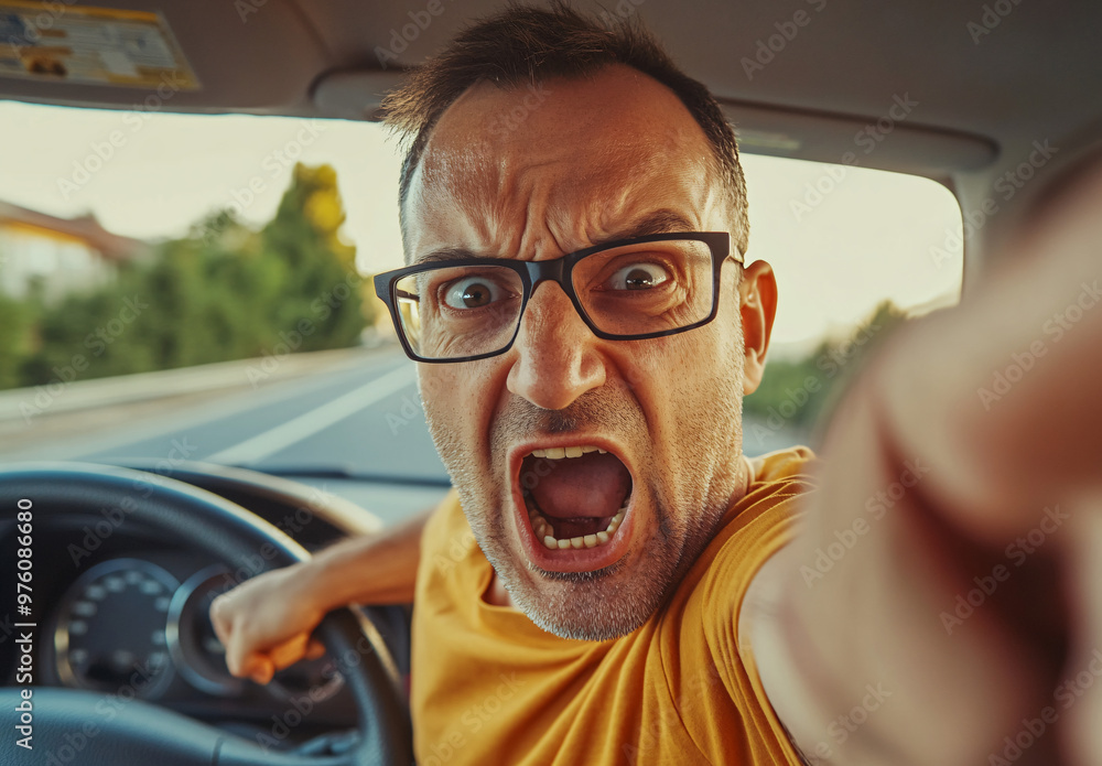 Angry driver shouting and pointing while sitting behind the wheel of a ...