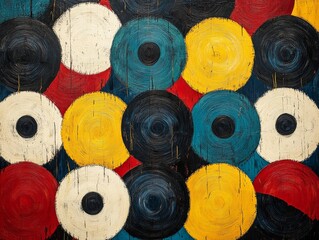 Aufkleber - The image showcases a dynamic composition of colorful textured circles overlapped in a geometric arrangement, vividly using red, blue, yellow, black, and white colors.