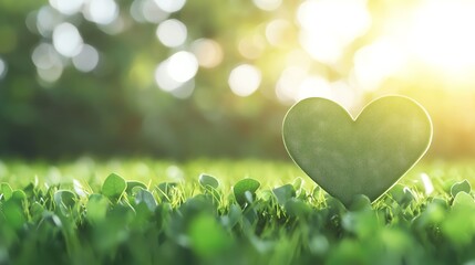 A green heart shape sits on vibrant grass, symbolizing nature and love at sunrise, evoking feelings of peace and harmony.