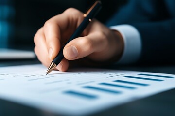 A hand holding a pen writes on a financial document with graphs and data, representing analysis and business strategy.