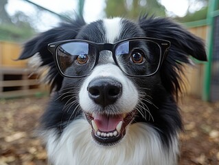 An adorable black and white dog wearing stylish glasses is seen smiling happily outdoors, amid a soft-focus background of trees and foliage on the ground.