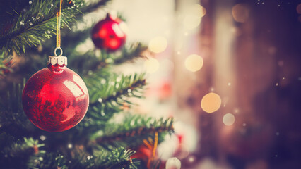 Ilustration of a red holiday bauble hanging from a decorated Christmas tree