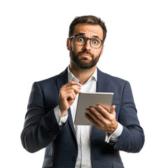 Wall Mural - A business analyst holding a digital tablet, with a thoughtful expression as if reviewing data insights. isolated on transparency background