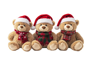 Three teddy bears wearing Santa hats and scarves, sitting in a row, isolated on white background. PNG transparent.