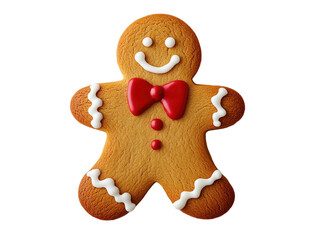 Wall Mural - Gingerbread man cookie with icing details and red bow, isolated on a white background. PNG transparent.