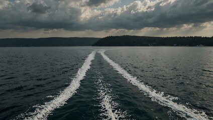 Ferry wake stretching far into the distance.