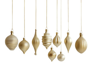 Wall Mural - Golden hanging Christmas ornaments with minimalistic patterns on a white background. PNG transparent.