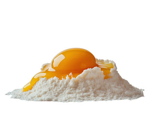 Broken egg with yolk sitting on a pile of flour, isolated on a white background.  PNG transparent.