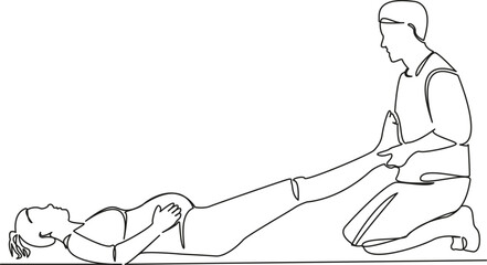 Wall Mural - One continuous single drawing line art flat doodle horizontal, women, pregnant, adults, exercises, foot massage, osteopath. Isolated image hand draw contour on a white background
