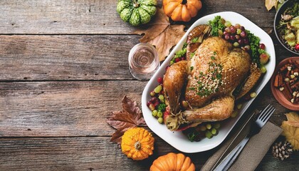 Thanksgiving background- Thanksgiving dinner on wooden table, tasty steaming turkey. Copy space, rustic design mockup