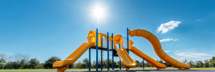 Colorful playground equipment with slides and climbing structures under a bright blue sky, perfect for kids to enjoy and play on a sunny day.