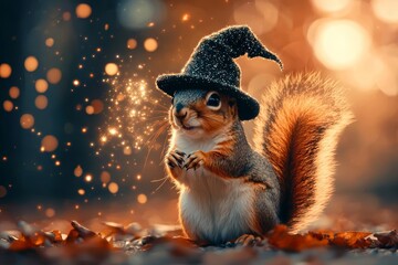 Squirrel in a wizard hat casting spells in a haunted forest, wizard squirrel, magical woodland creature