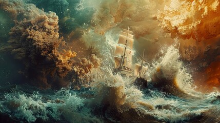 Poster - A Ship Battling a Stormy Sea