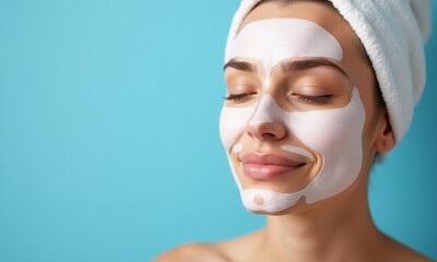 Wall Mural - woman with face mask patches under eyes, skincare routine, blue background