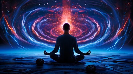 A man meditates before a swirling cosmic energy vortex, immersed in the universe�s power.